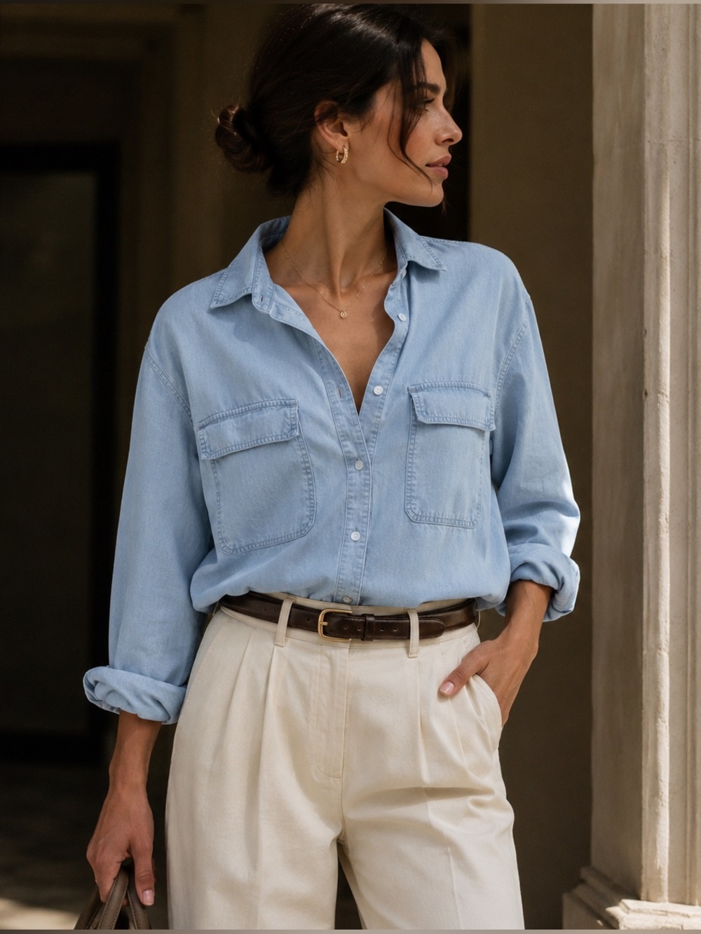 Aritzia Babaton Chambray Shirt Small Lyocell Button Up Light Wash Oversized